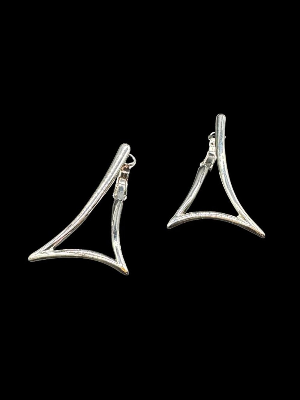 Silver Tone Pierced Earrings Triangle Shape Modern Costume Jewelry